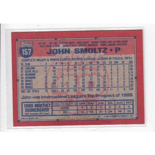 1991 Topps John Smoltz baseball card #157 – HOF - Braves