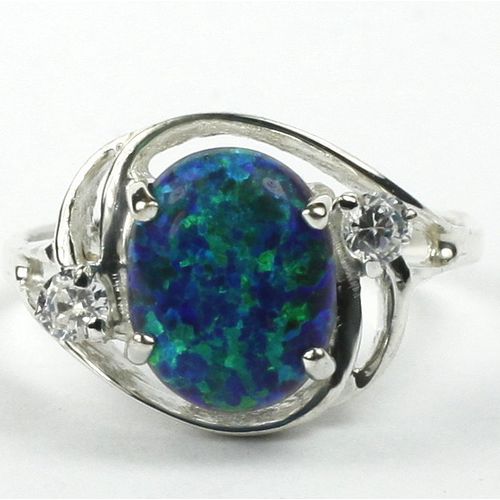 Created Blue Green Opal, 925 Sterling Silver Ladies Ring, SR021