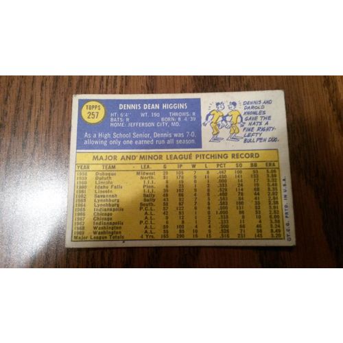 1970 Topps Card # 257 Dennis Higgins Good (2) Cleveland Indians