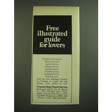 1969 Virginia State Travel Service Ad - Free illustrated guide for lovers