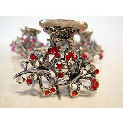 Jeweled antique style silver metal butterfly hair claw clips with crystals