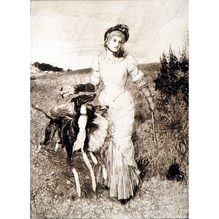 FLORA 1893 Robert Walker Macbeth woman dogs whip VICTORIAN ETCHING