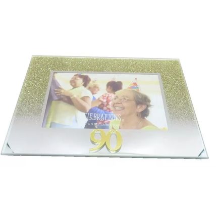 90th Birthday Photo Frame 14 CM Golden Glitter Home Decor Picture Freestanding