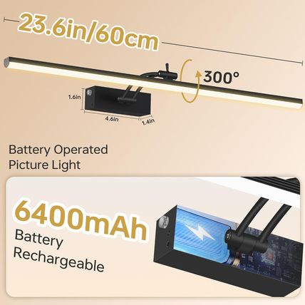 23.6 Inch Picture Light for Wall, 2 Pack 6400Mah Rechargeable Battery Operated P