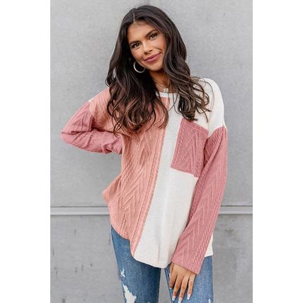 Peach Blossom Long Sleeve Colorblock Chest Pocket Textured Knit Top