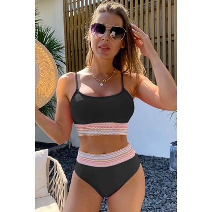 Black Striped Patchwork Spaghetti Strap High Waist Bikini Swimsuit