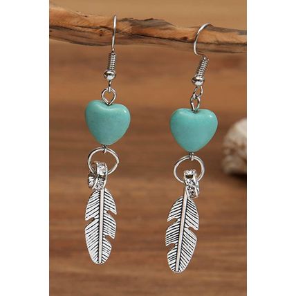 Silvery Turquoise Heart Shape Alloy Feather Drop Earrings