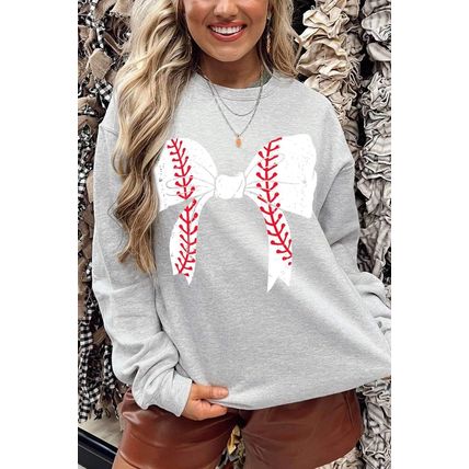 Gray Rugby Football Bowknot Graphic Game Day O Neck Sweatshirt