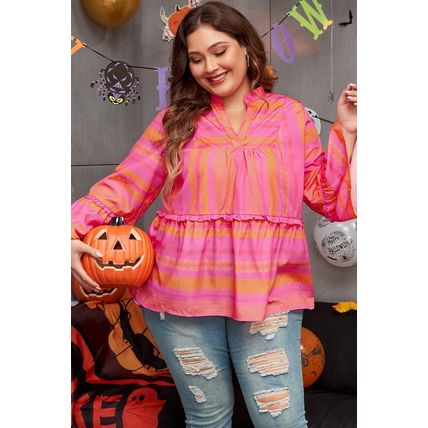 Vitality Orange Plus Size Geometric Embroidered Bell Sleeve Babydoll Blouse