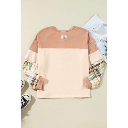 Parchment Plus Size Plaid Patchwork Layered Henley Top