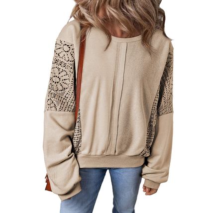 Parchment Knit Crochet Exposed Seam Ribbed Trim Sweatshirt