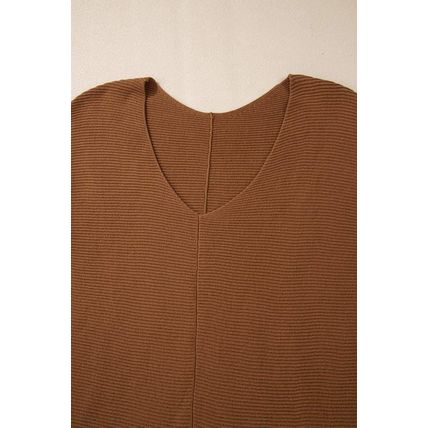Camel Ribbed Knit Drop Sleeve V Neck Loose Fit Sweater