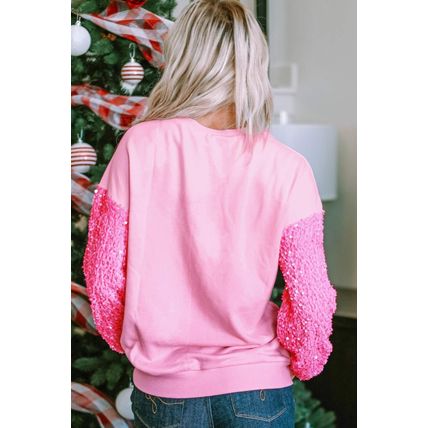 Pink Merry Christmas Graphic Sequin Sleeve Patchwork Top
