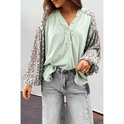 Meadow Mist Green Contrast Printed Bubble Sleeve Henley Loose Top with Slits
