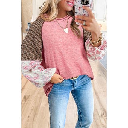 Fushia Mixed Print Patchwork Raglan Ribbed Knit Top