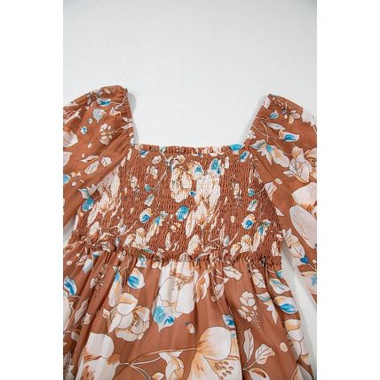 Brown Floral Print Shirred Square Neck High Waist Maxi Dress