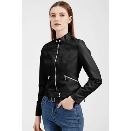 Black Faux Leather Snap Button Stand Neck Zipped Pocket Jacket