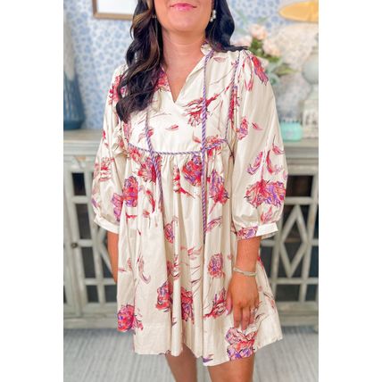 White Floral Print Lace up V Neck Balloon Sleeve Plus Size Shift Mini Dress