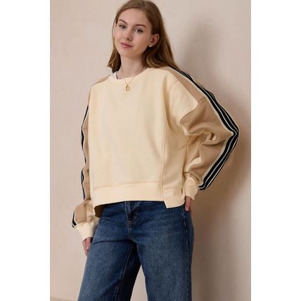 Beige Contrast Striped Patchwork Drop Shoulder Loose Sweatshirt