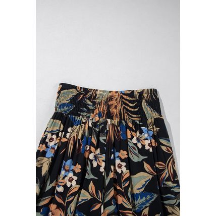 Multicolour Floral Shirred High Waist Wide Leg Pants with Tie