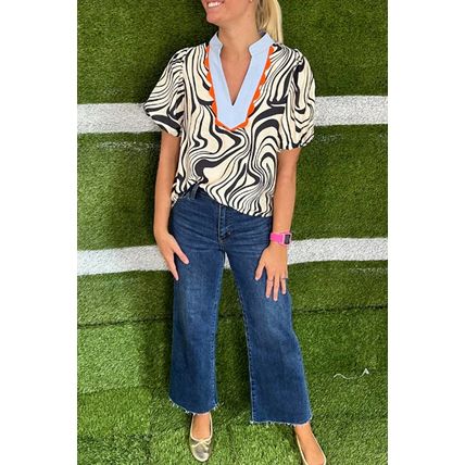 White Zebra Stripe Print Contrast V-Neck Ricrac Detail Short Sleeve Blouse Top