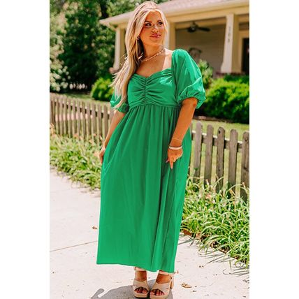 Bright Green Ruched Front Puff Sleeve Plus Size Long Dress
