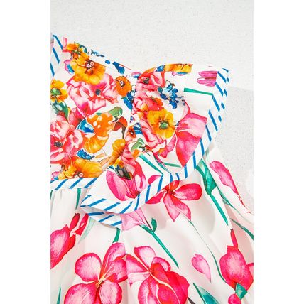 Pink Floral Print Striped Detail Split Neck Short Sleeve Blouse