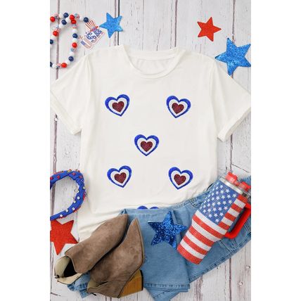 White Sequin Patriotic Heart Graphic Crewneck T Shirt