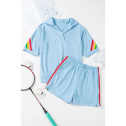 Sky Blue Rainbow Colorblock Collared Short Sleeve Top 2 Piece Shorts Set