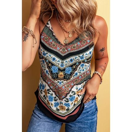 Red Mixed Floral Chevron Pattern Dip Hem Spaghetti Straps Tank