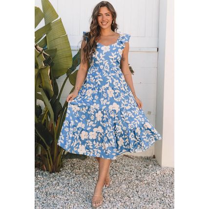 Sky Blue Floral U Neck Flutter Shoulder Tiered Flowy Midi Dress