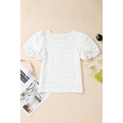 White Frilled Lace Trim Bubble Sleeve Blouse