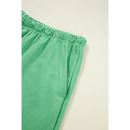 Mint Green Plus Size V Neck Tee Patched Pocket Drawstring Shorts Set