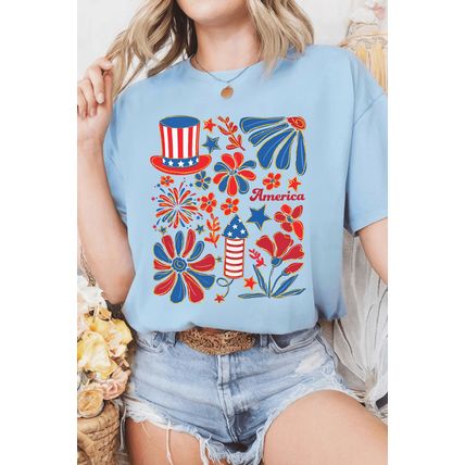 Light Blue America Floral Firework Print 4th of July T Shirt