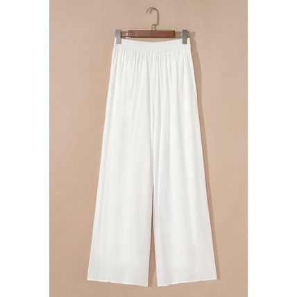 White Solid Drop Waist Pleated Wide Leg Casual Pants
