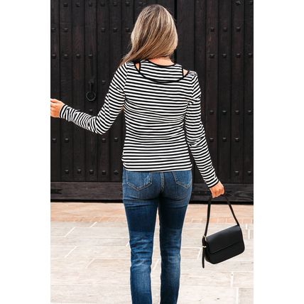 Black Stripe Double-layer Cold Shoulder Long Sleeve Top