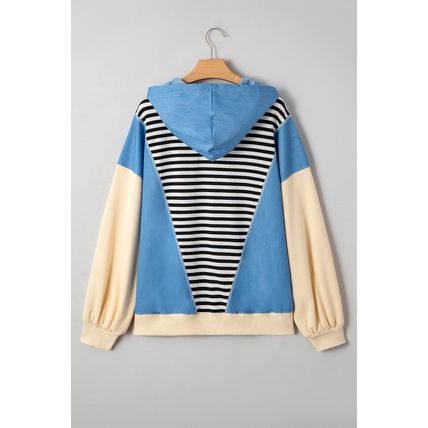 Black Stripe Denim Color Block Quarter Zip Baggy Drawstring Hoodie