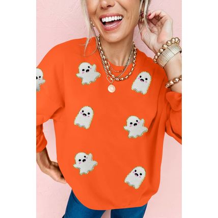 Orange Halloween Ghost Cute Patched Pattern Holiday Sweatshirt