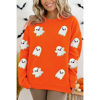 Orange Halloween Ghost Cute Patched Pattern Holiday Sweatshirt