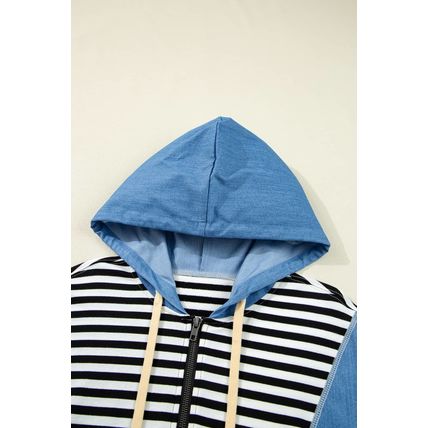 Black Stripe Denim Color Block Quarter Zip Baggy Drawstring Hoodie