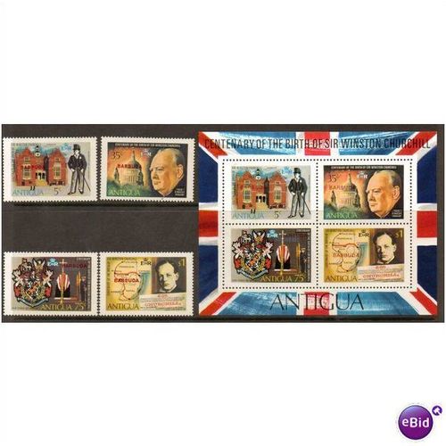 ANTIGUA BARBUDA OVERPRINT 1974 BIRTH CENT WINSTON CHURCHILL SET 4 & MINISHEET