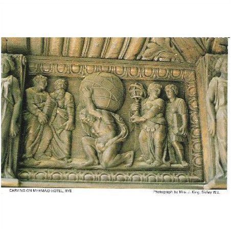 Rye, East Sussex - carving on Mermaid Hotel - 1970s postcard