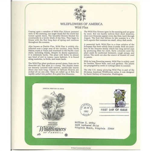 WILDFLOWERS OF AMERICA : WILD FLAX ' OFFICIAL FIRST DAY of ISSUE ' (1992)