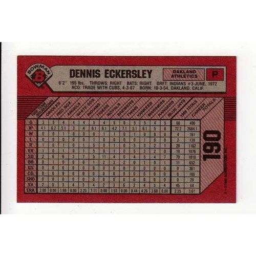 1989 Bowman Dennis Eckersley baseball card #190 -NM-HOF- Athletics
