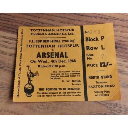 1968/69 League Cup Semi Final Programme & Ticket – Tottenham vs Arsenal