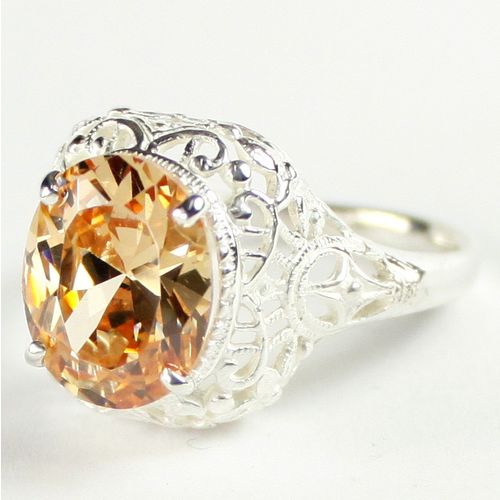 Champagne CZ, 925 Sterling Silver Antique Style Filigree Ring, SR009
