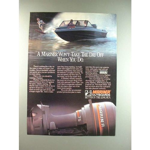 1986 Mariner Outboard Motor Ad - Won't Take Day Off