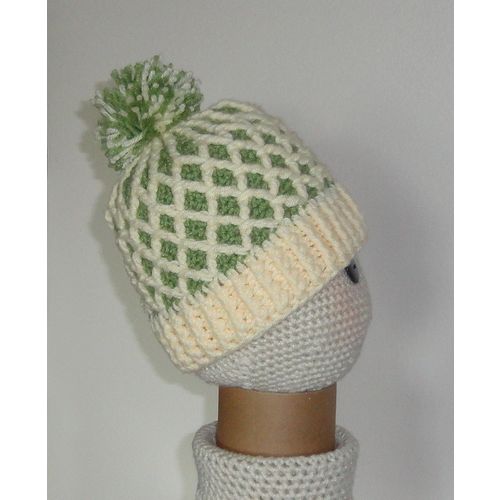 HAT unisex pompom trellis design crochet green & cream winter ski #CTH001