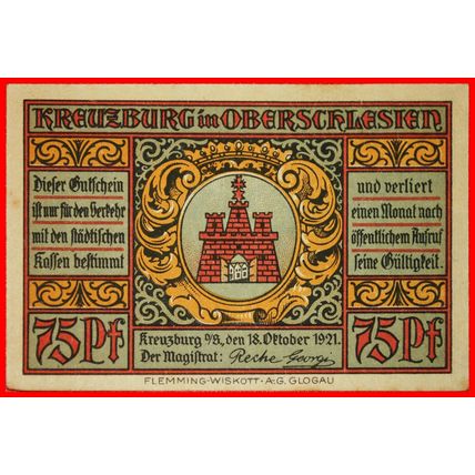 POLAND: GERMANY KREUZBURG★ 75 PFENNIG 1921 CRISP! KLUCZBORK★LOW START★NO RESERVE