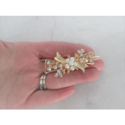 Silver or gold flower bow and leaf pearl crystal hair pin clip barrette